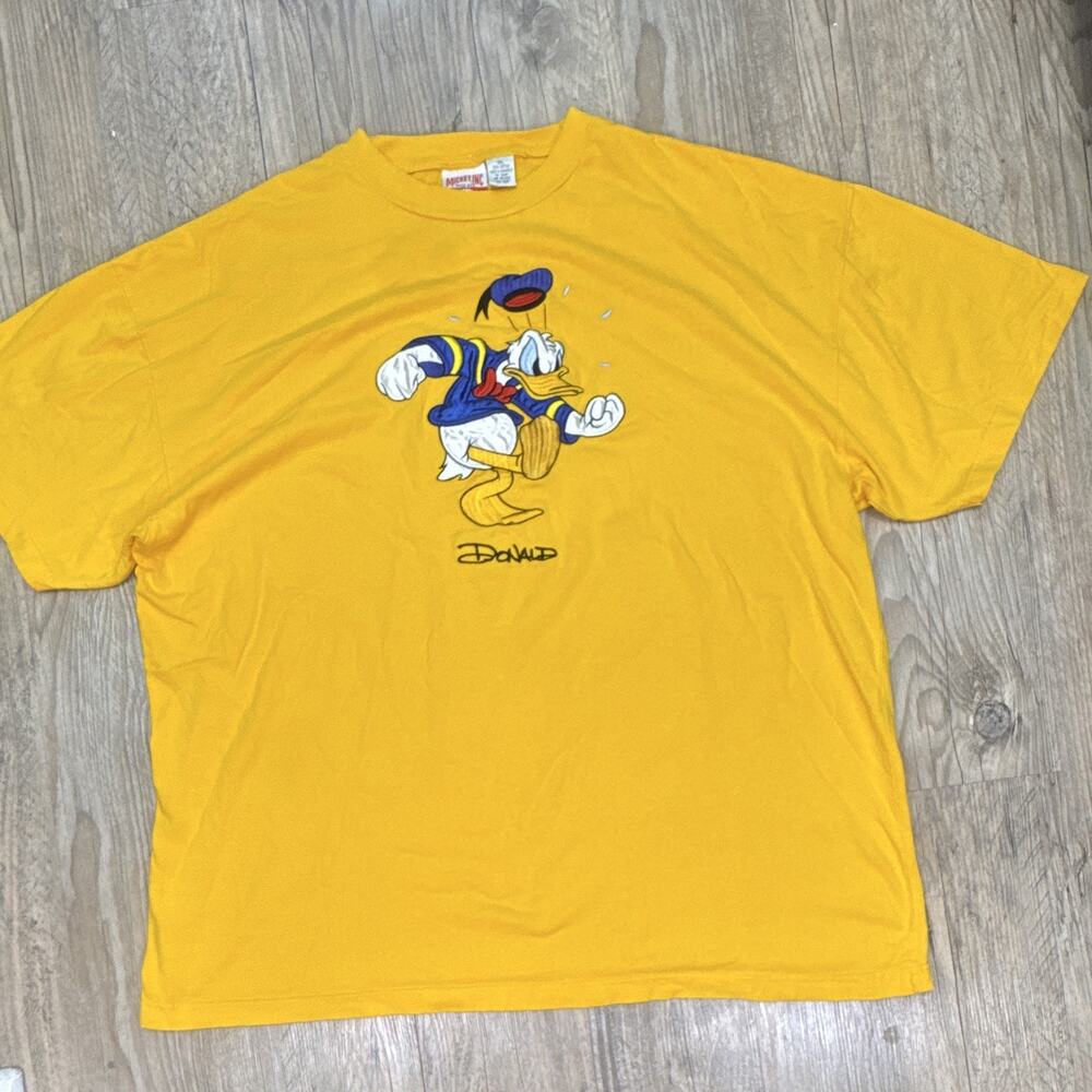 VTG 90s Disney Mickey Inc Donald Duck Embroidered Yellow T Shirt 3XL